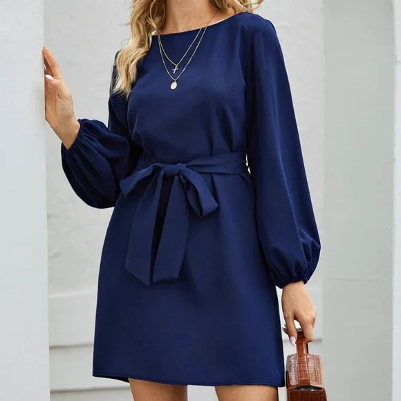 Classic lantern long sleeve belted mini Dress - Picture 15 of 15